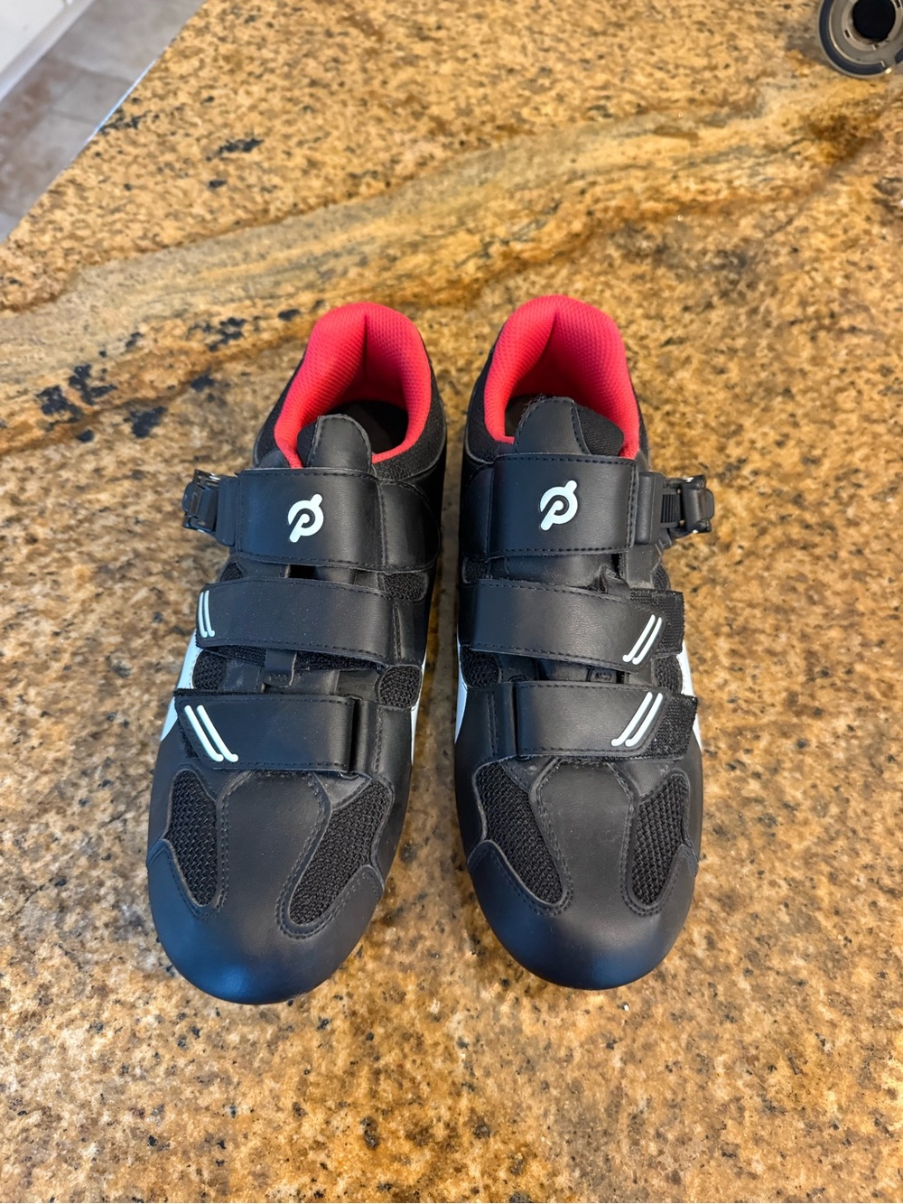 Peloton Black Cycling Shoes with Red Lining and White Accents